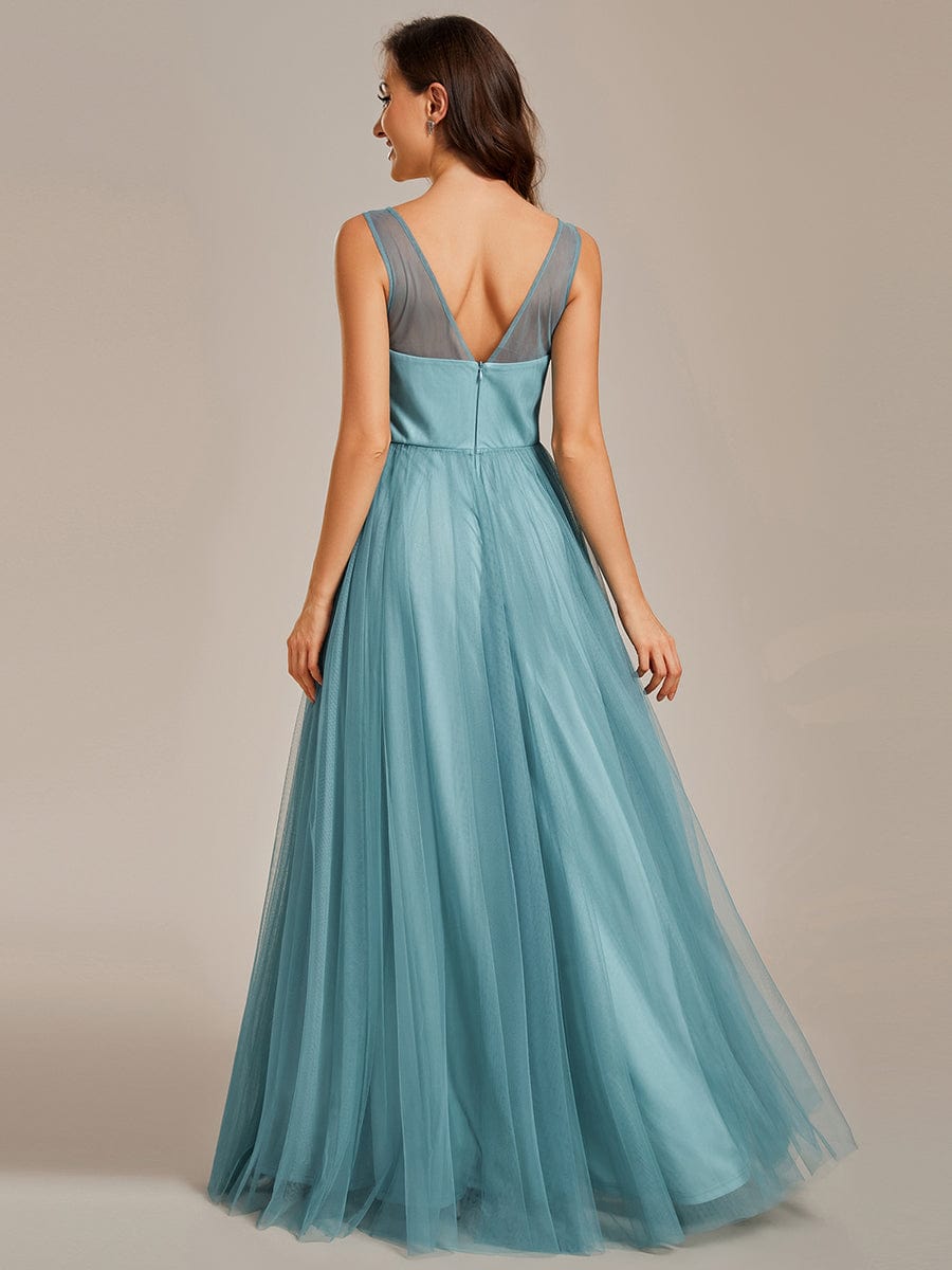 See-Through Shoulder Strap Flower Decoration Tulle Bridesmaid Dress #color_Dusty Blue