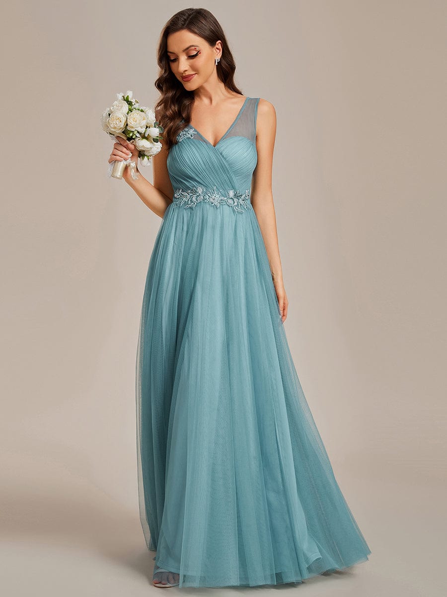 See-Through Shoulder Strap Flower Decoration Tulle Bridesmaid Dress #color_Dusty Blue