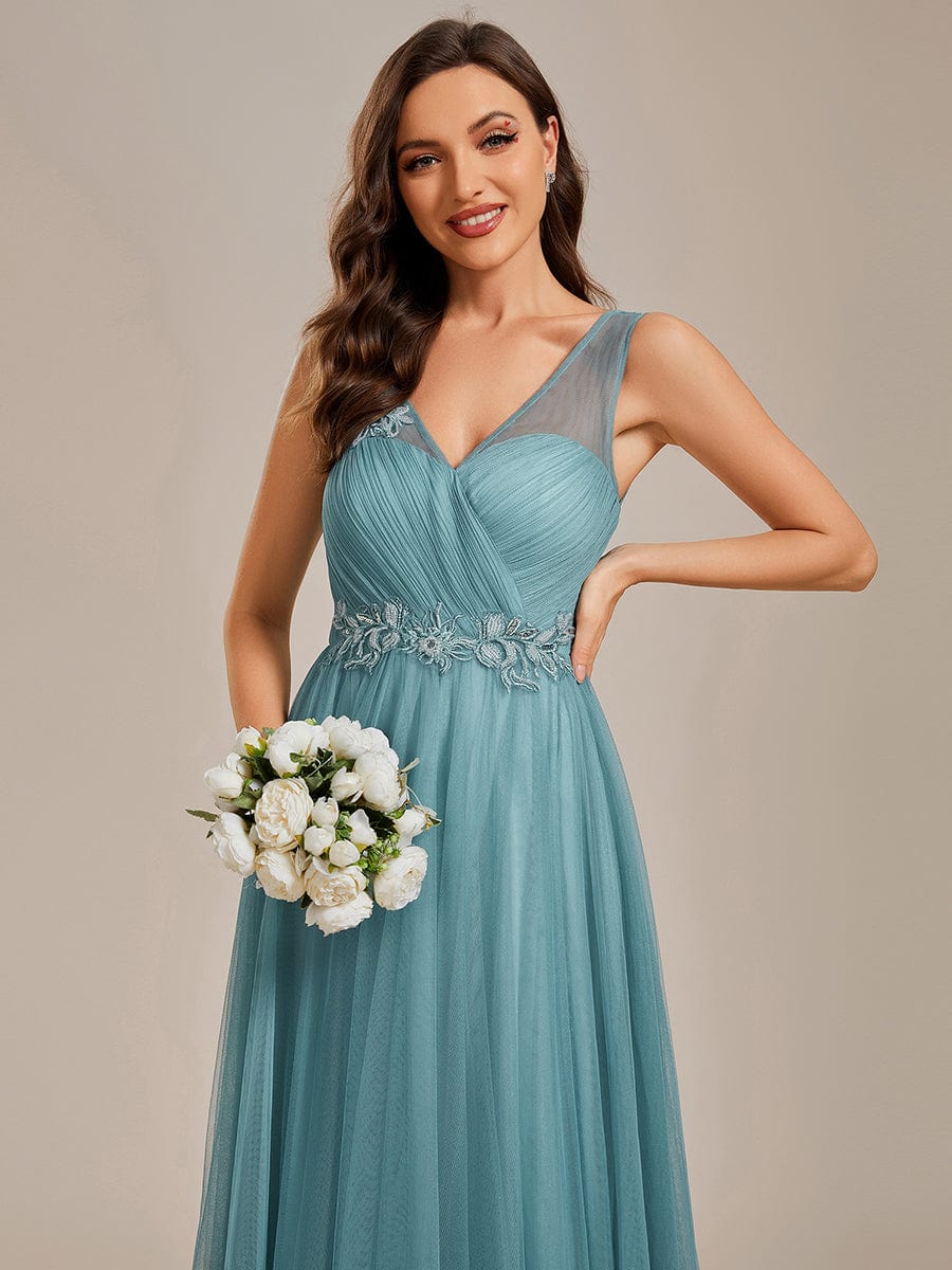 See-Through Shoulder Strap Flower Decoration Tulle Bridesmaid Dress #color_Dusty Blue