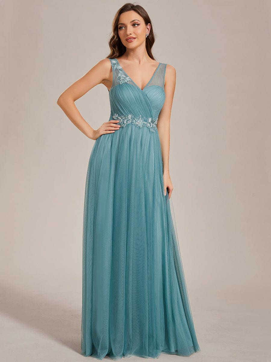 See-Through Shoulder Strap Flower Decoration Tulle Bridesmaid Dress #color_Dusty Blue