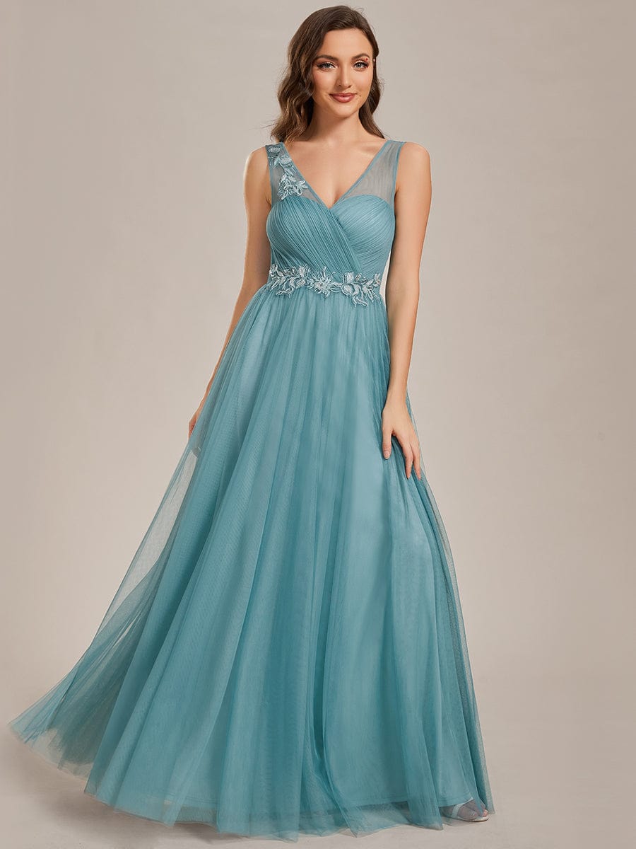 See-Through Shoulder Strap Flower Decoration Tulle Bridesmaid Dress #color_Dusty Blue