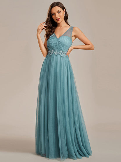 See-Through Shoulder Strap Flower Decoration Tulle Bridesmaid Dress #color_Dusty Blue