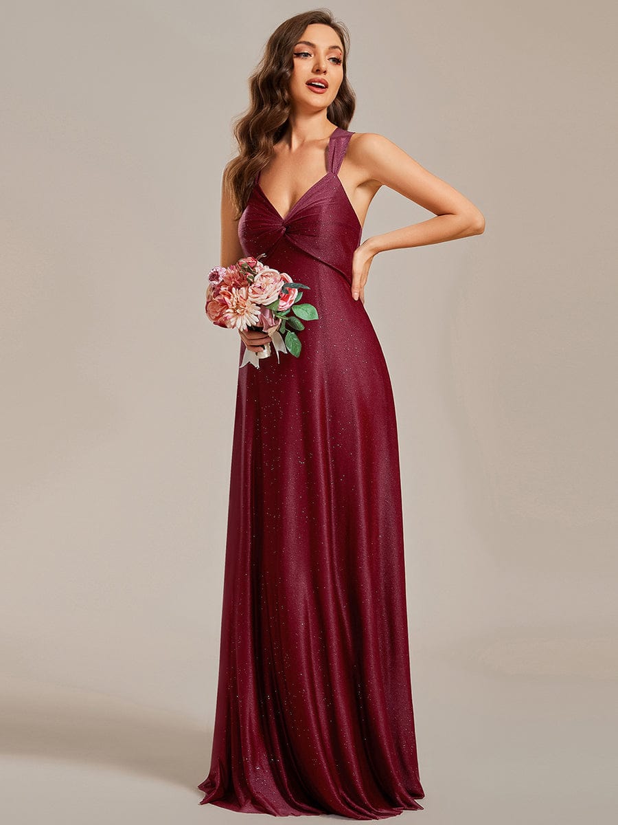 Glittery Pleated V-neck Adjustable Back Lace-Up Sleeveless Bridesmaid Dress #color_Burgundy