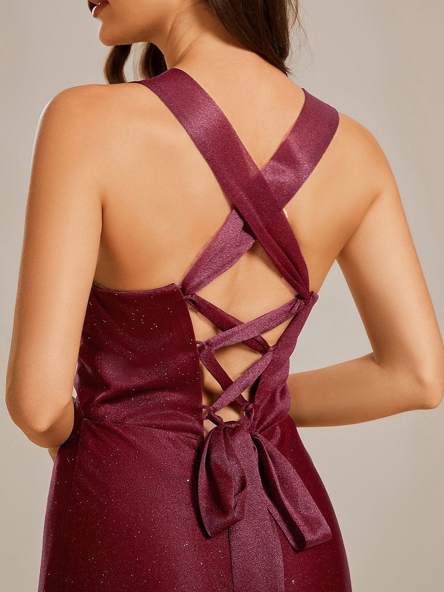 Glittery Pleated V-neck Adjustable Back Lace-Up Sleeveless Bridesmaid Dress #color_Burgundy