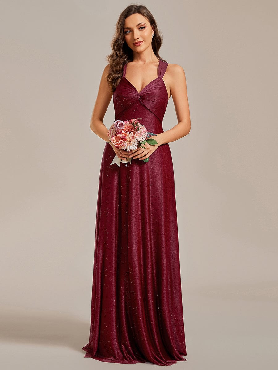 Glittery Pleated V-neck Adjustable Back Lace-Up Sleeveless Bridesmaid Dress #color_Burgundy