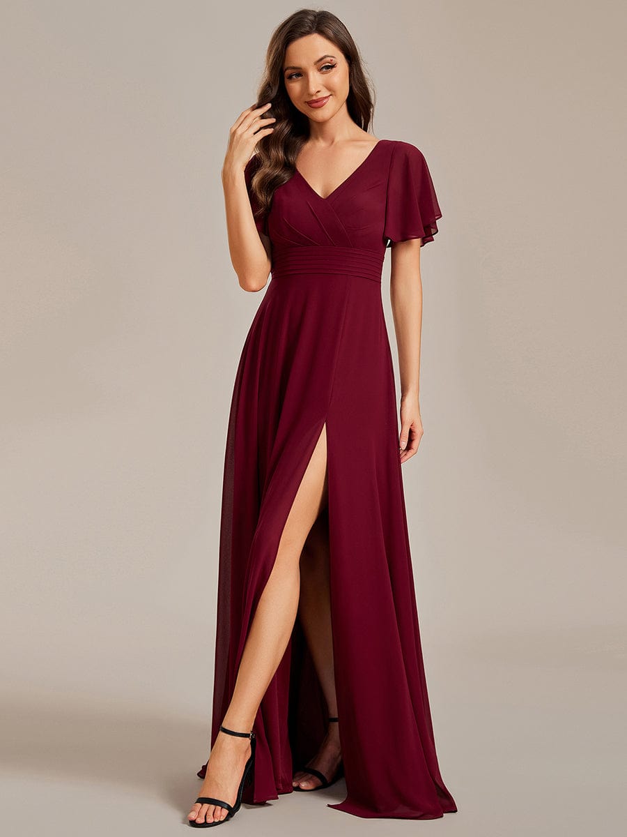 Back See-Through Swing Collar Applique Ruffles Sleeve A-Line Evening Dress #color_Burgundy