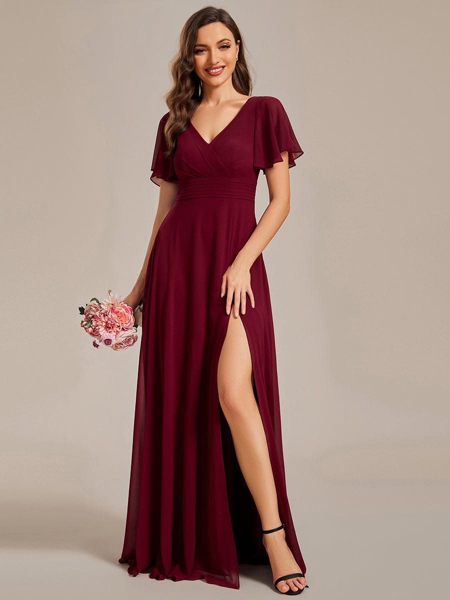 Back See-Through Swing Collar Applique Ruffles Sleeve A-Line Evening Dress #color_Burgundy