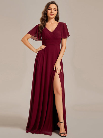 Back See-Through Swing Collar Applique Ruffles Sleeve A-Line Evening Dress #color_Burgundy