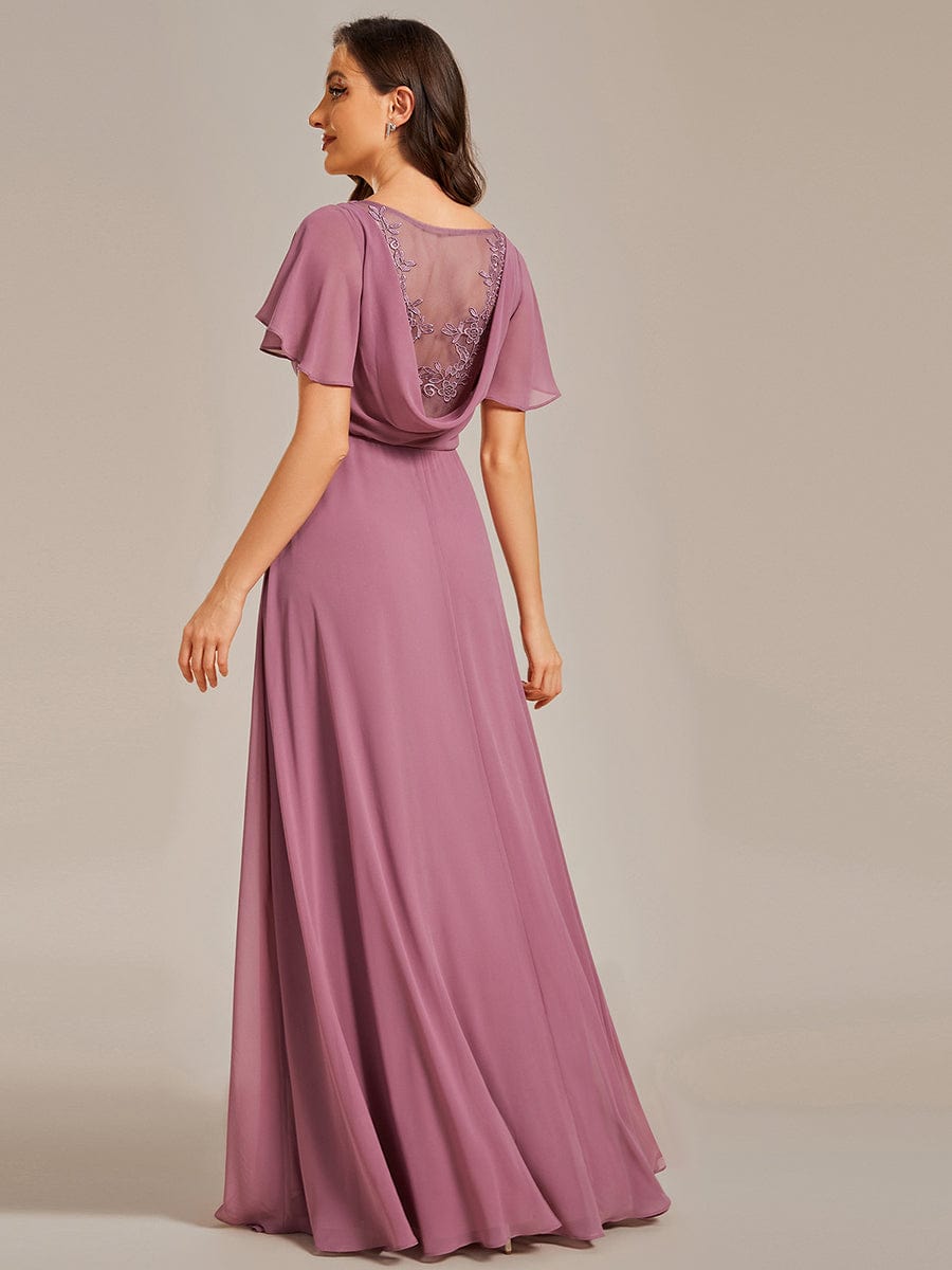 Back See-Through Swing Collar Applique Ruffles Sleeve A-Line Evening Dress #color_Purple Orchid