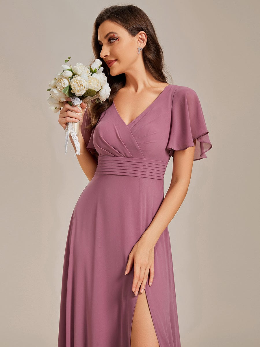 Back See-Through Swing Collar Applique Ruffles Sleeve A-Line Evening Dress #color_Purple Orchid