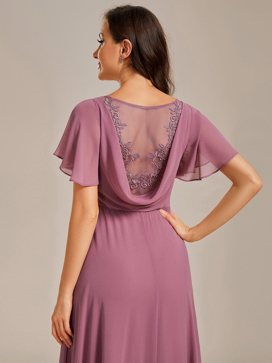 Back See-Through Swing Collar Applique Ruffles Sleeve A-Line Evening Dress #color_Purple Orchid