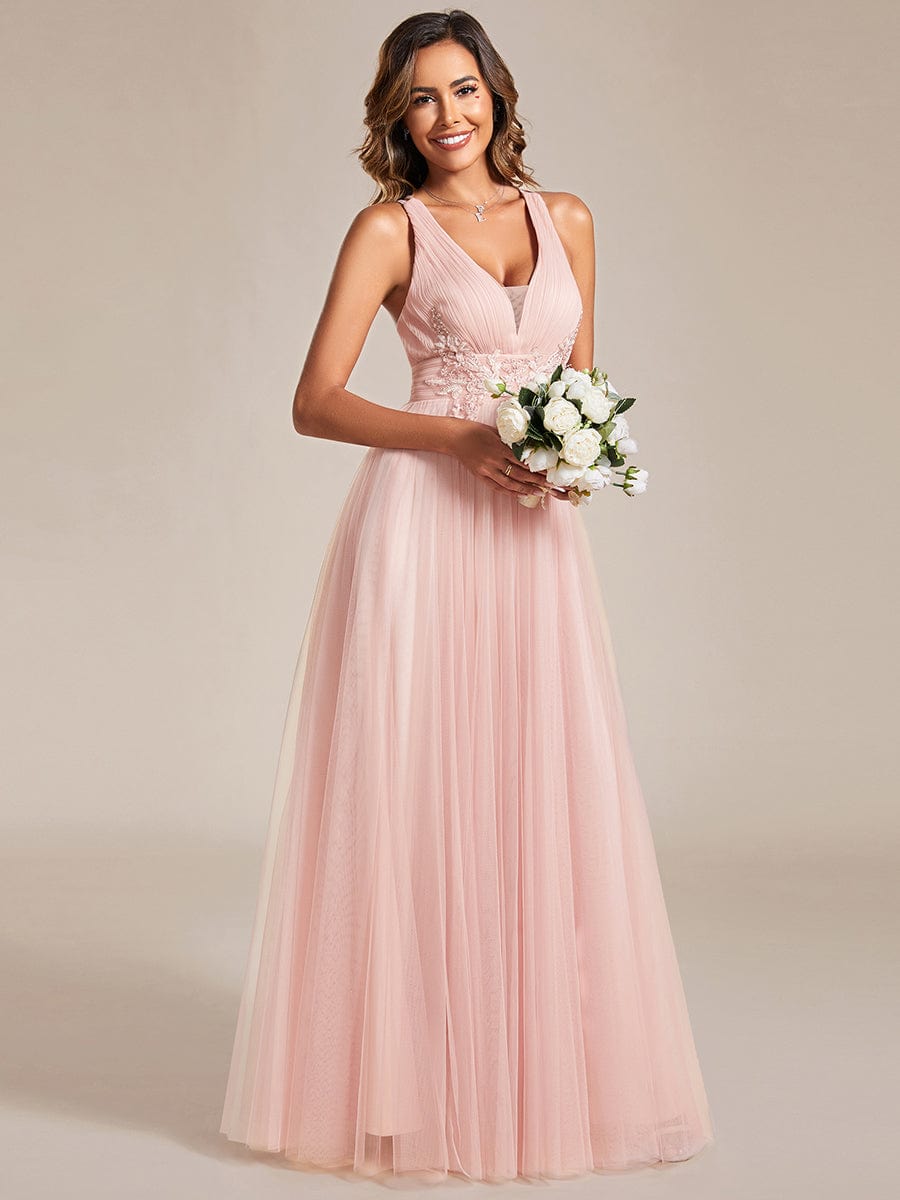 Sleeveless Waist Applique Cross-Back Straps Tulle Bridesmaid Dress #color_Pink