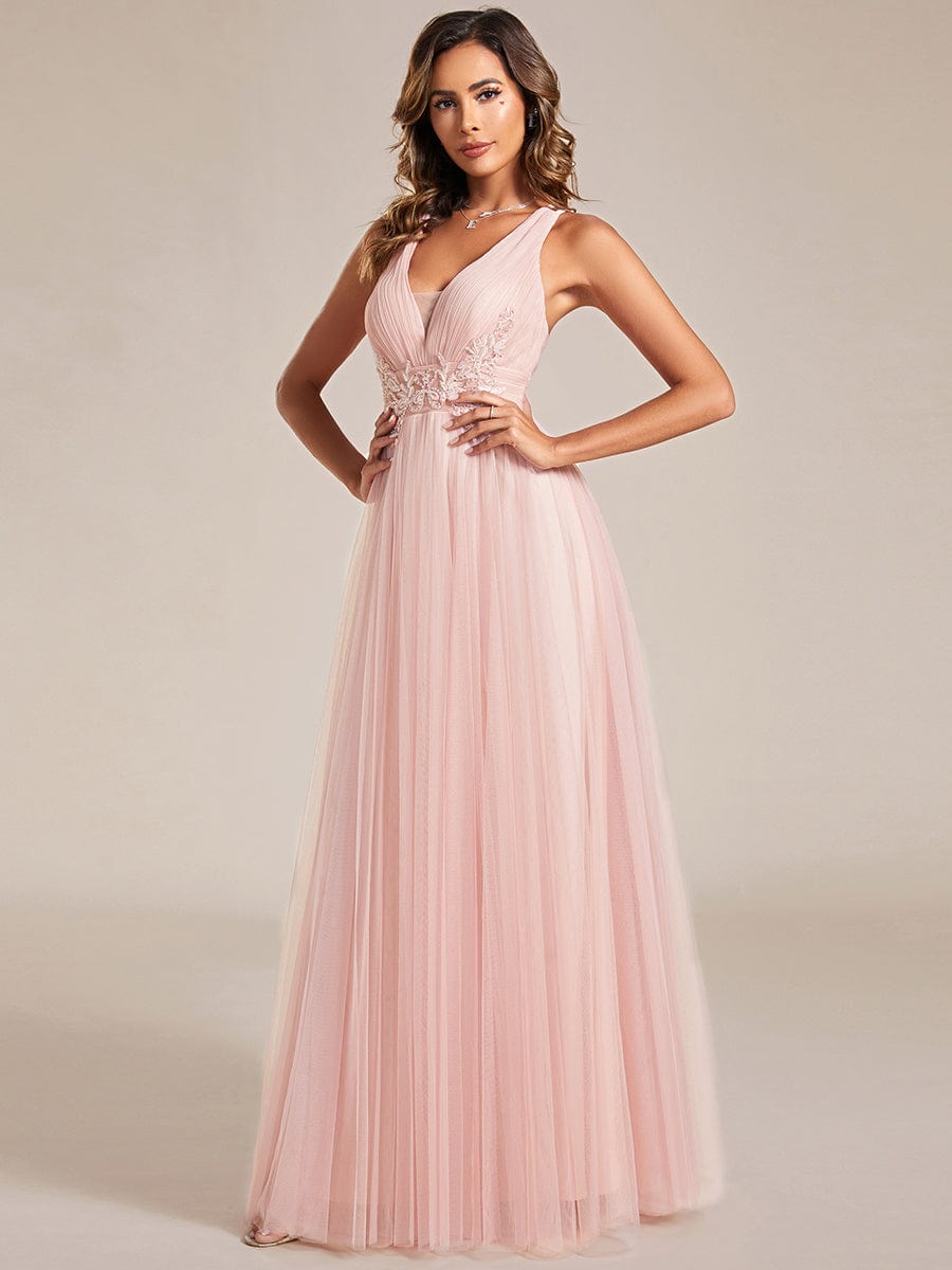 Sleeveless Waist Applique Cross-Back Straps Tulle Bridesmaid Dress #color_Pink