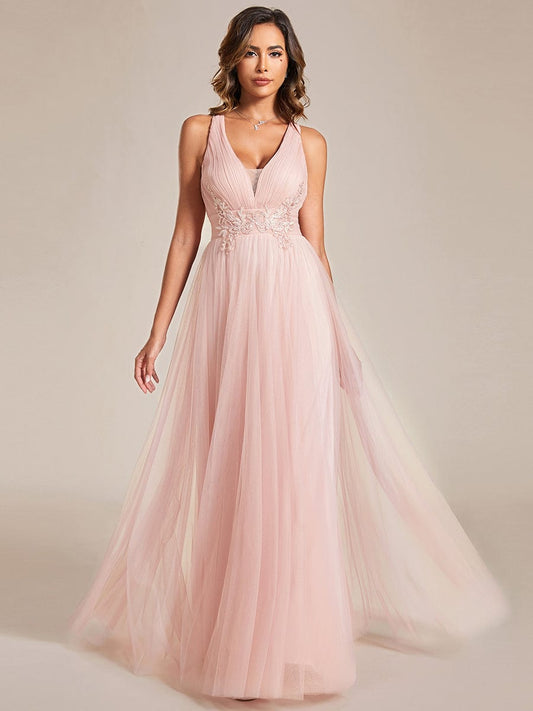 Sleeveless Waist Applique Cross-Back Straps Tulle Bridesmaid Dress #color_Pink