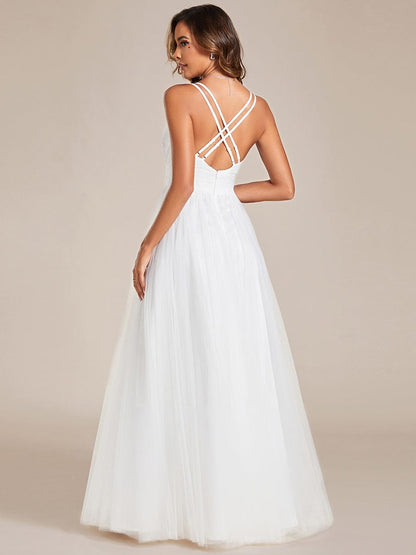 Sleeveless Waist Applique Cross-Back Straps Tulle Bridesmaid Dress #color_White