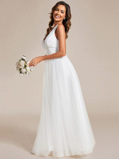 Sleeveless Waist Applique Cross-Back Straps Tulle Bridesmaid Dress #color_White