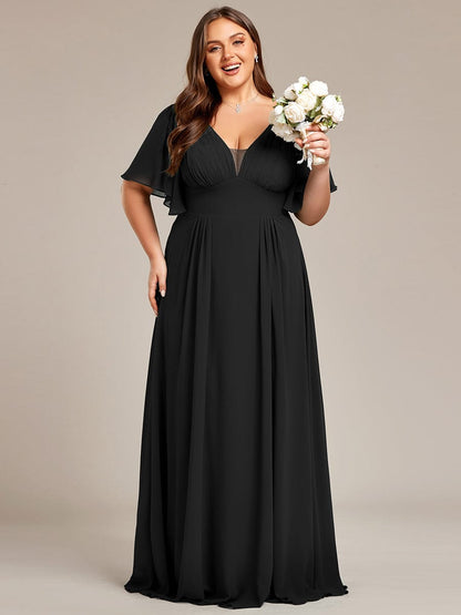 Plus Size Chiffon A-Line Double V-Neck Empire Waist Bridesmaid Dress #color_Black