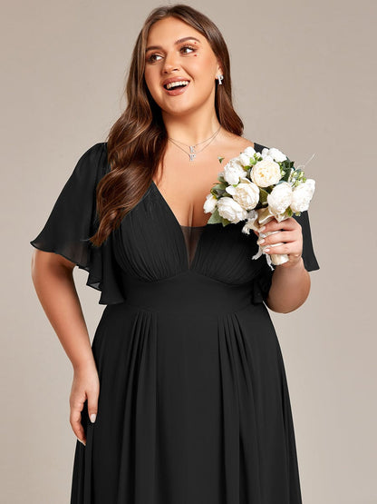 Plus Size Chiffon A-Line Double V-Neck Empire Waist Bridesmaid Dress #color_Black