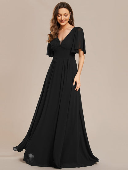 Simple Chiffon Short Sleeves Empire Waist A-Line Maxi Bridesmaid Dress #color_Black