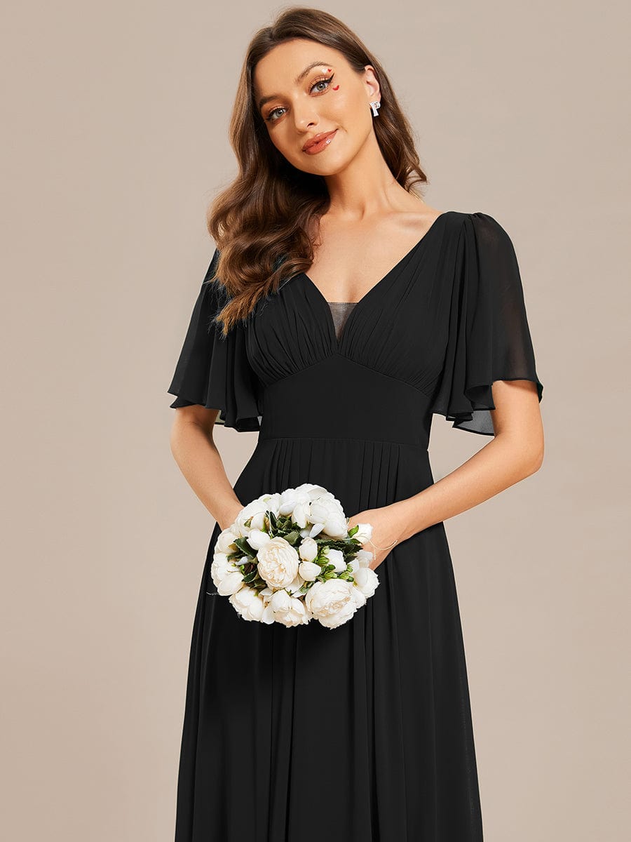 Simple Chiffon Short Sleeves Empire Waist A-Line Maxi Bridesmaid Dress #color_Black