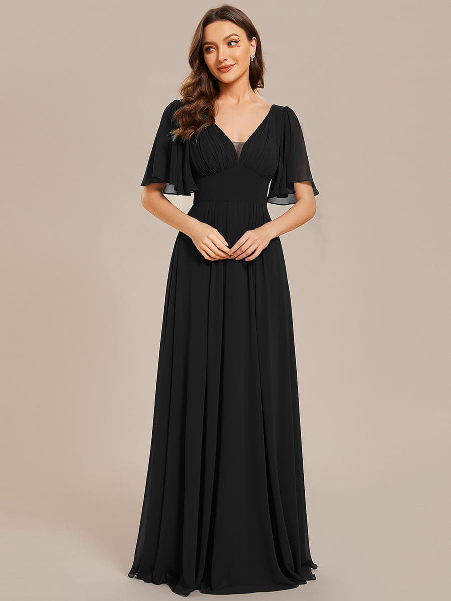 Simple Chiffon Short Sleeves Empire Waist A-Line Maxi Bridesmaid Dress #color_Black