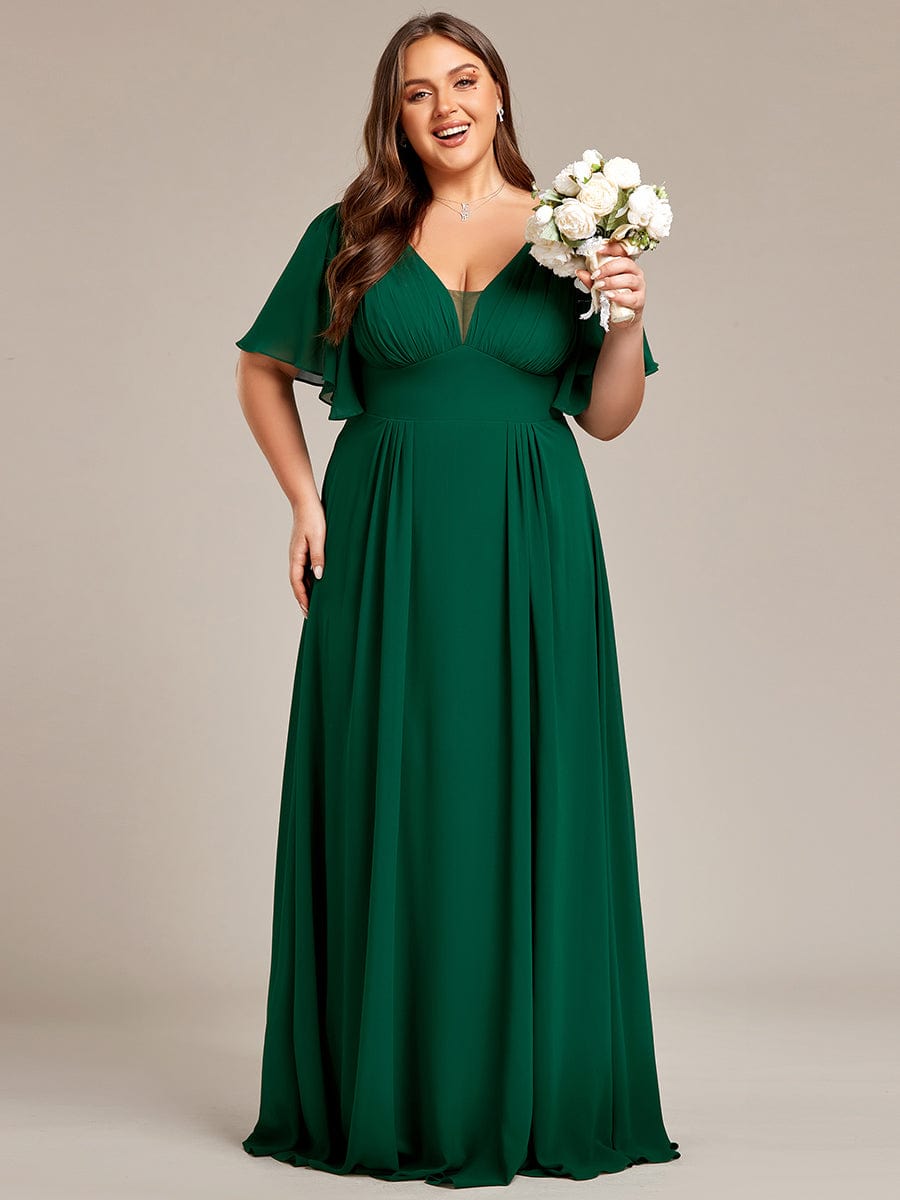 Simple Chiffon Short Sleeves Empire Waist A-Line Maxi Bridesmaid Dress #color_Dark Green