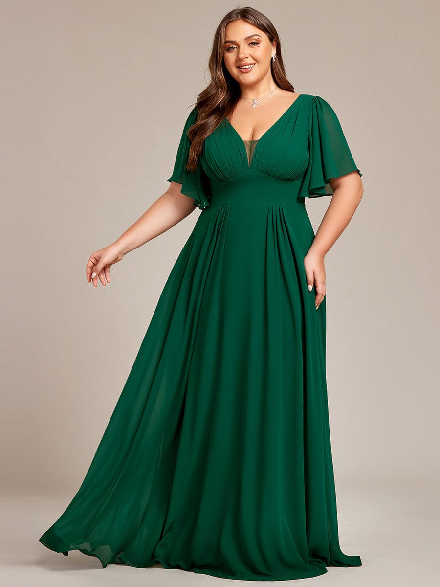 Plus Size Chiffon A-Line Double V-Neck Empire Waist Bridesmaid Dress #color_Dark Green