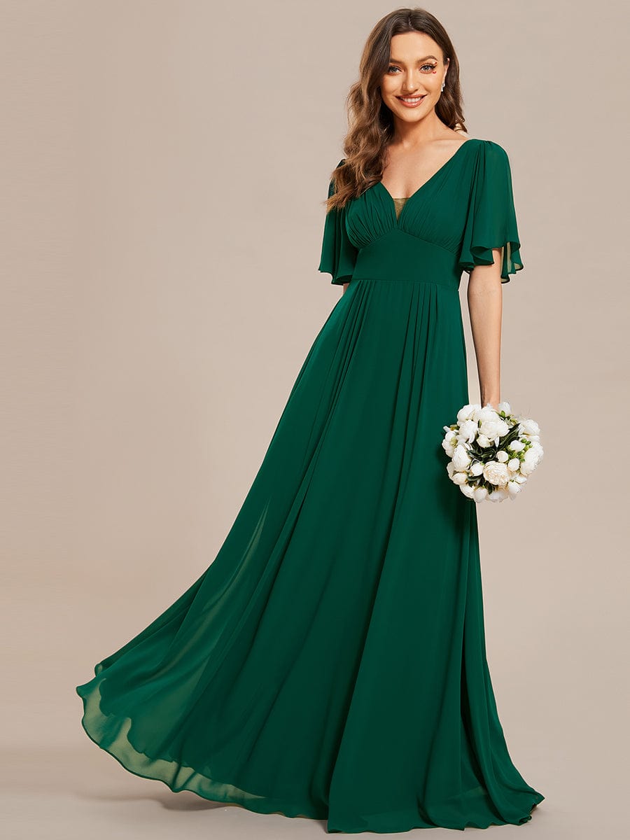 Simple Chiffon Short Sleeves Empire Waist A-Line Maxi Bridesmaid Dress #color_Dark Green