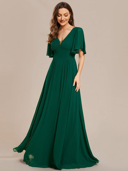 Simple Chiffon Short Sleeves Empire Waist A-Line Maxi Bridesmaid Dress #color_Dark Green