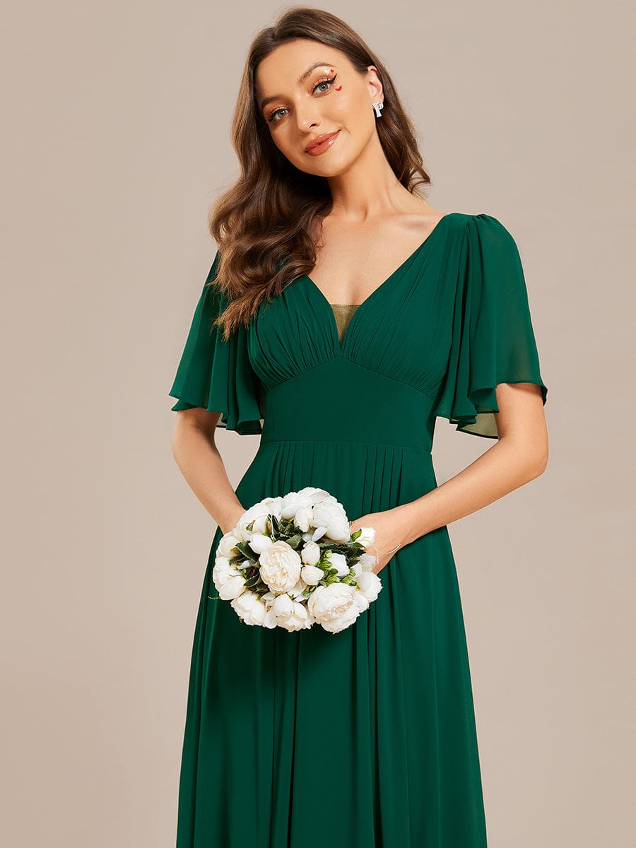 Simple Chiffon Short Sleeves Empire Waist A-Line Maxi Bridesmaid Dress #color_Dark Green