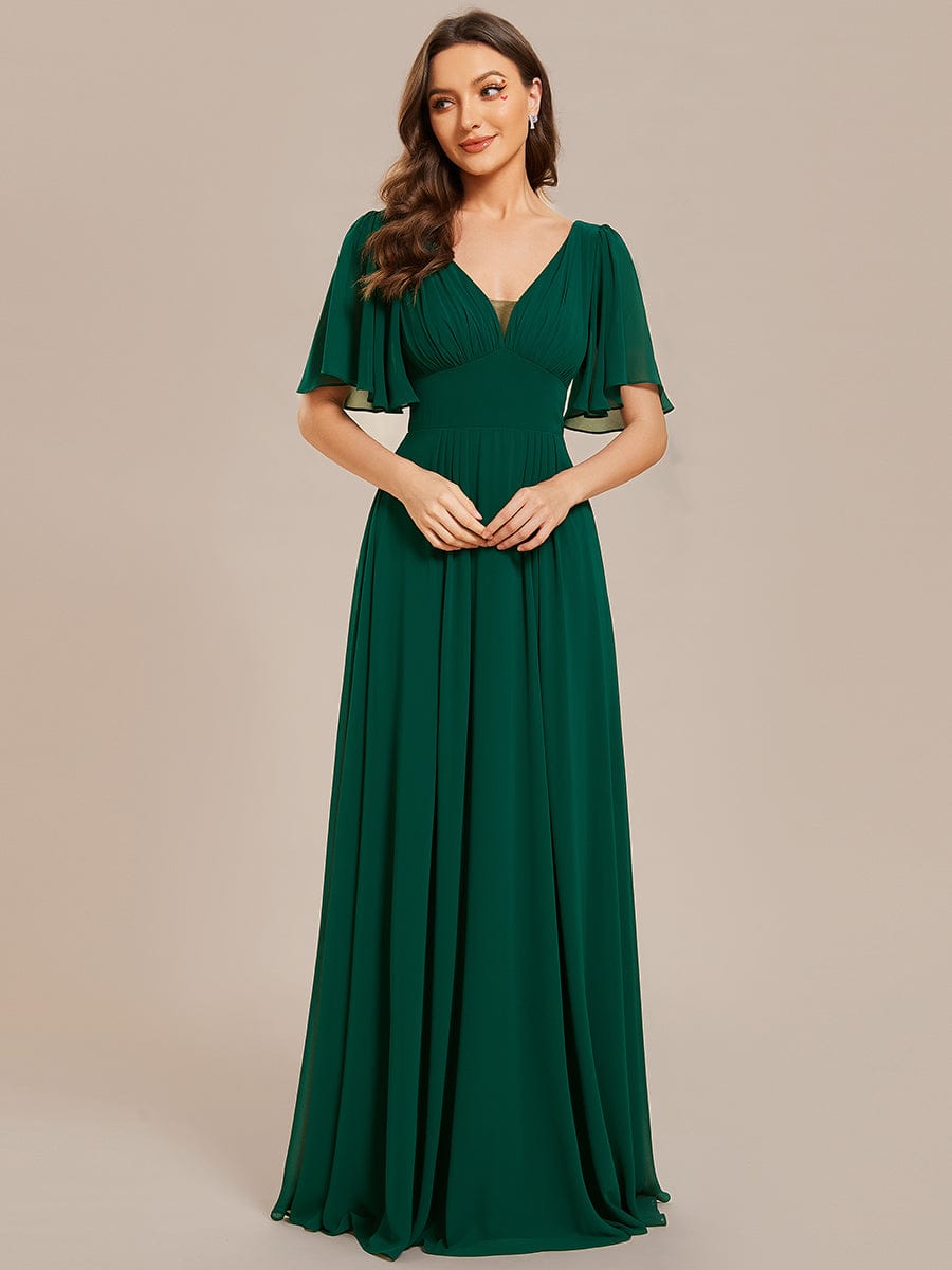 Simple Chiffon Short Sleeves Empire Waist A-Line Maxi Bridesmaid Dress #color_Dark Green