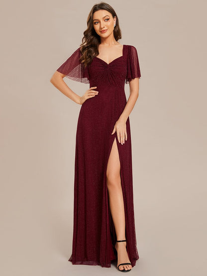 Glittery A-Line High Slit Elastic Waist Short Sleeves Back Lace-Up Bridesmaid Dress #color_Burgundy