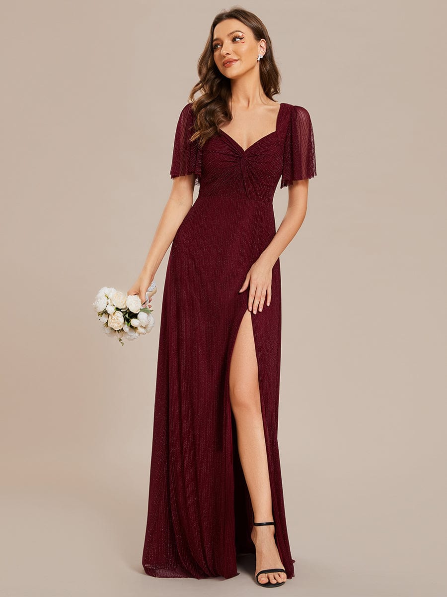 Glittery A-Line High Slit Elastic Waist Short Sleeves Back Lace-Up Bridesmaid Dress #color_Burgundy