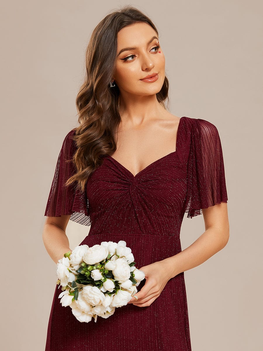 Glittery A-Line High Slit Elastic Waist Short Sleeves Back Lace-Up Bridesmaid Dress #color_Burgundy