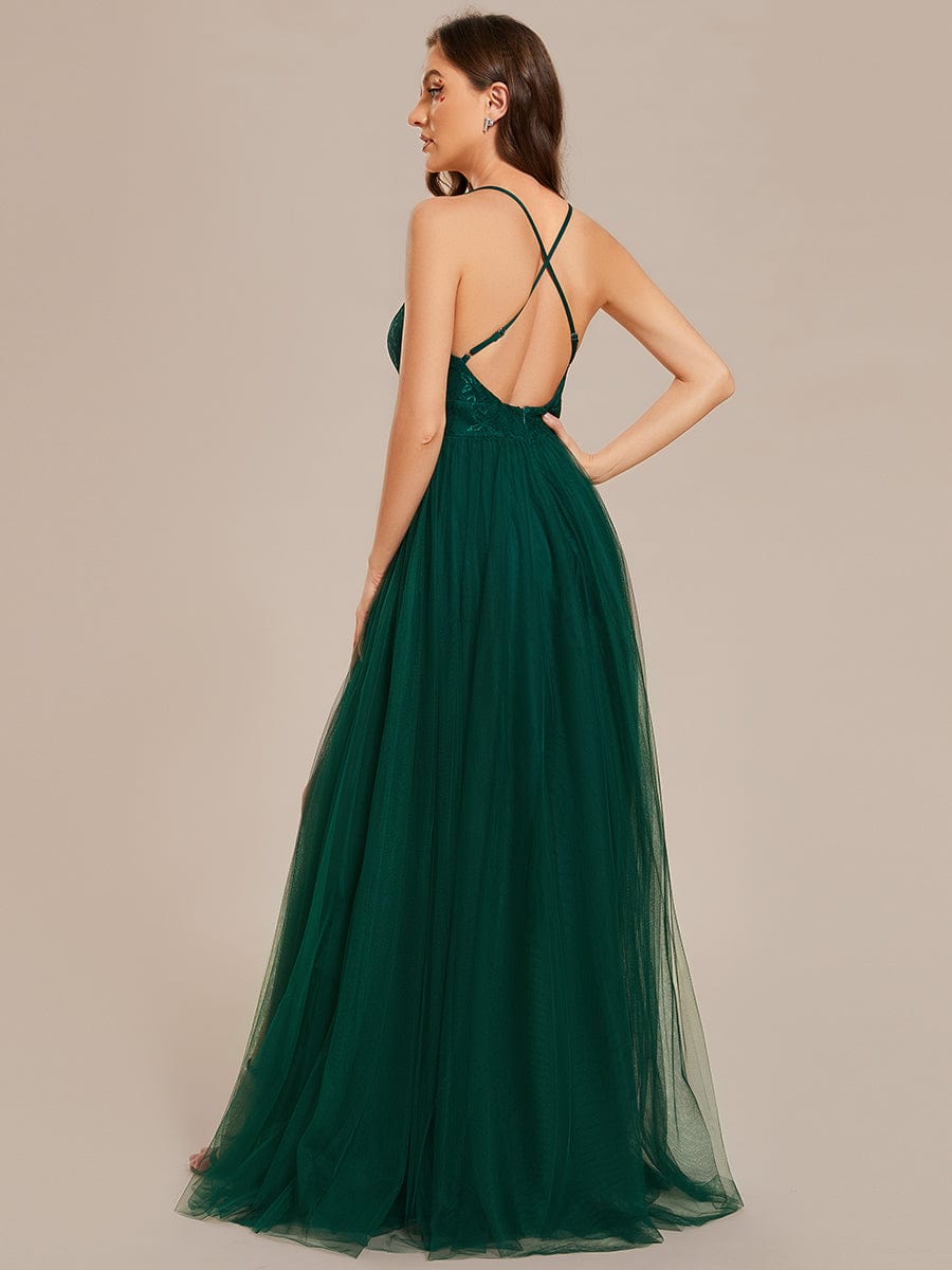 Spaghetti Straps Cross-Back Lace Top A-Line High Slit Tulle Bridesmaid Dress #color_Dark Green