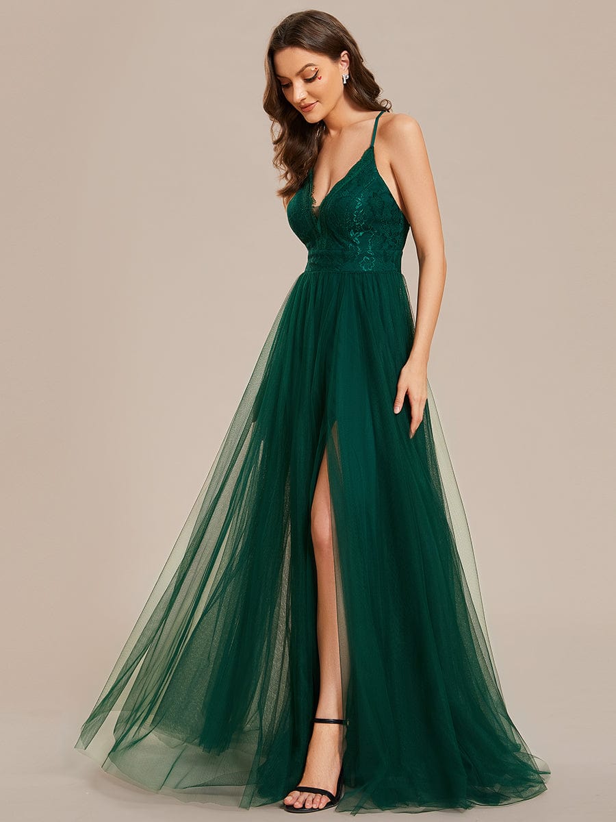 Spaghetti Straps Cross-Back Lace Top A-Line High Slit Tulle Bridesmaid Dress #color_Dark Green