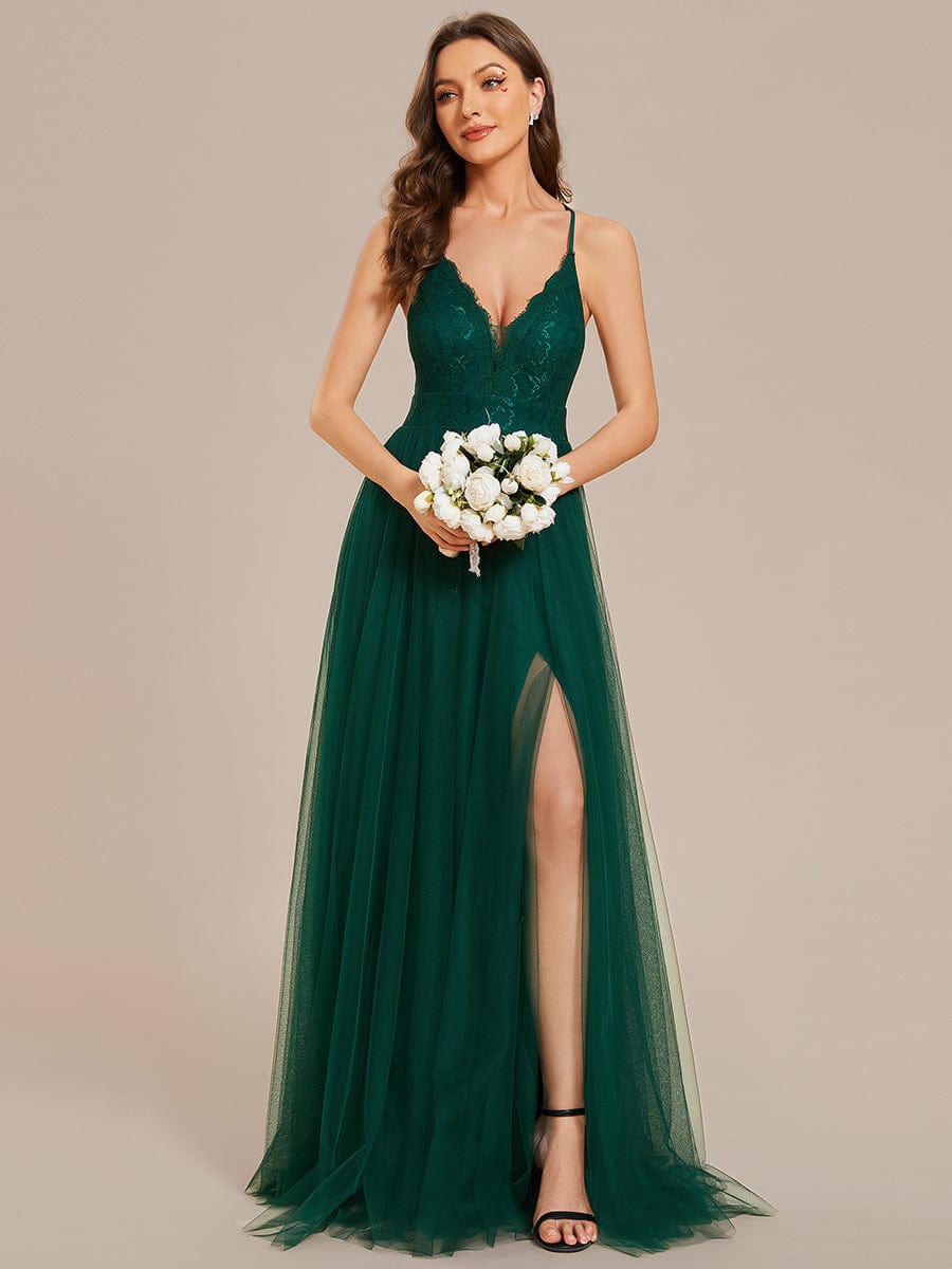 Spaghetti Straps Cross-Back Lace Top A-Line High Slit Tulle Bridesmaid Dress #color_Dark Green