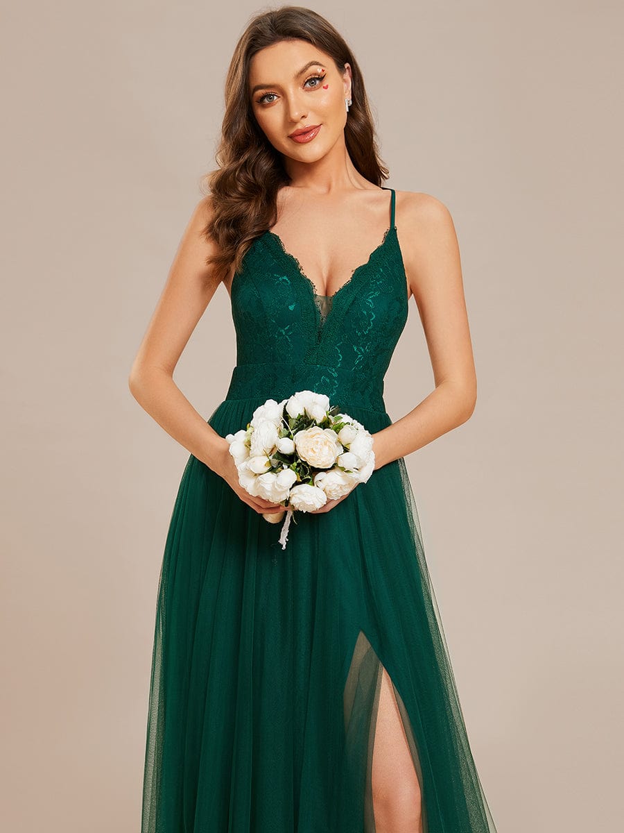 Spaghetti Straps Cross-Back Lace Top A-Line High Slit Tulle Bridesmaid Dress #color_Dark Green