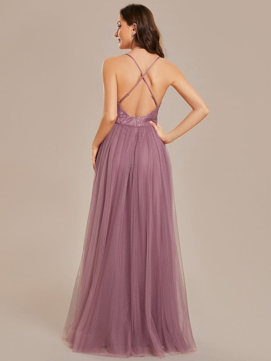 Spaghetti Straps Cross-Back Lace Top A-Line High Slit Tulle Bridesmaid Dress #color_Purple Orchid