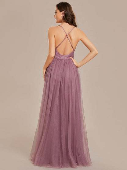 Spaghetti Straps Cross-Back Lace Top A-Line High Slit Tulle Bridesmaid Dress #color_Purple Orchid