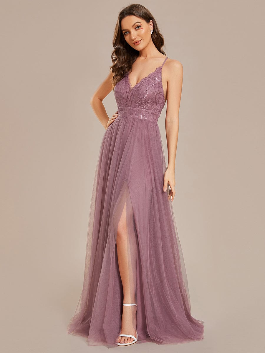 Spaghetti Straps Cross-Back Lace Top A-Line High Slit Tulle Bridesmaid Dress #color_Purple Orchid