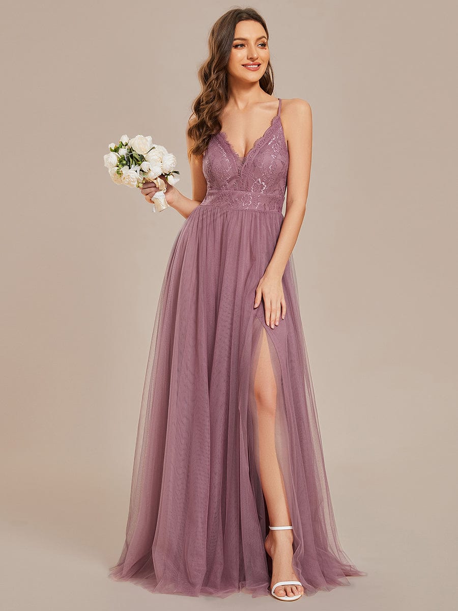 Spaghetti Straps Cross-Back Lace Top A-Line High Slit Tulle Bridesmaid Dress #color_Purple Orchid