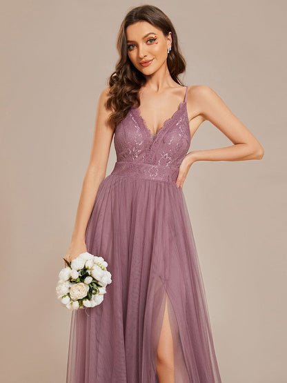 Spaghetti Straps Cross-Back Lace Top A-Line High Slit Tulle Bridesmaid Dress #color_Purple Orchid