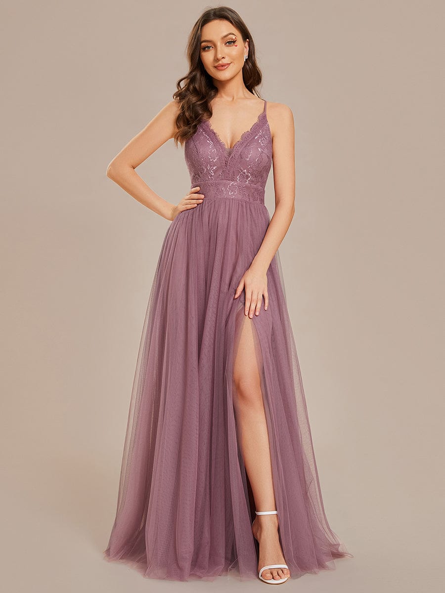 Spaghetti Straps Cross-Back Lace Top A-Line High Slit Tulle Bridesmaid Dress #color_Purple Orchid