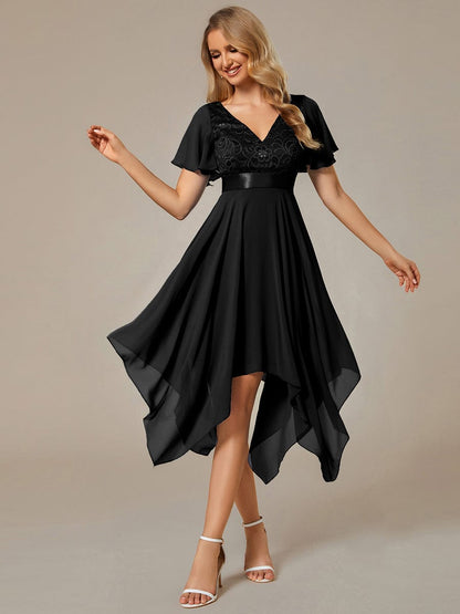 Asymmetrical Hem Empire Waist Short Sleeves Knee-Length Bridesmaid Dress #color_Black