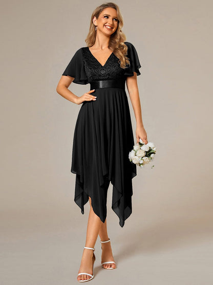 Asymmetrical Hem Empire Waist Short Sleeves Knee-Length Bridesmaid Dress