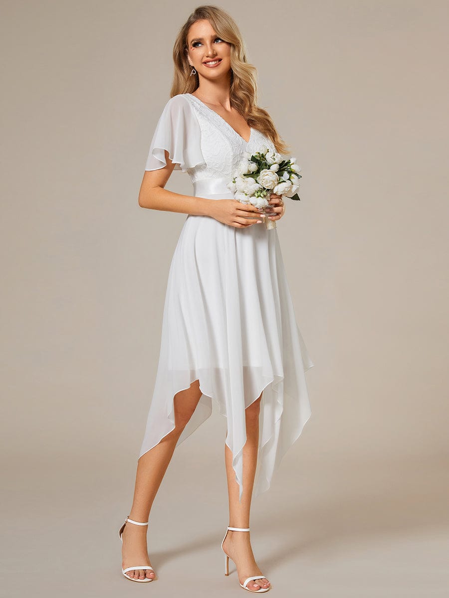 Asymmetrical Hem Empire Waist Short Sleeves Knee-Length Bridesmaid Dress #color_White