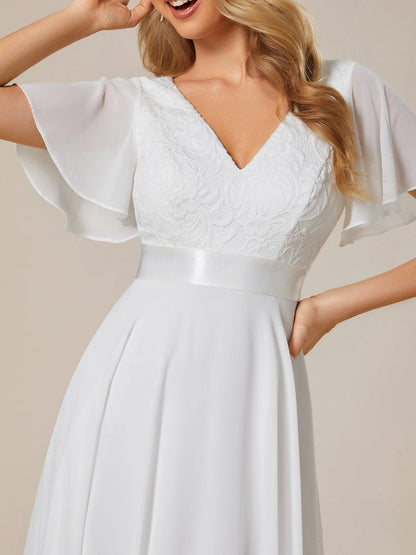 Asymmetrical Hem Empire Waist Short Sleeves Knee-Length Bridesmaid Dress #color_White