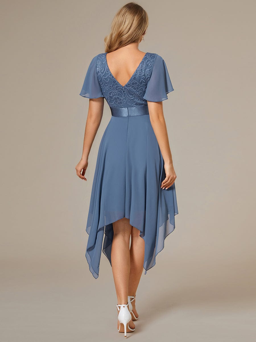 Asymmetrical Hem Empire Waist Short Sleeves Knee-Length Bridesmaid Dress #color_Dusty Navy