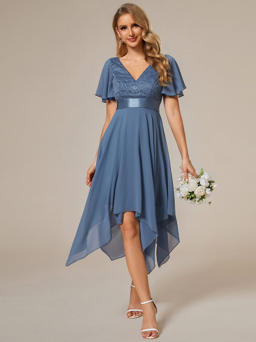 Asymmetrical Hem Empire Waist Short Sleeves Knee-Length Bridesmaid Dress #color_Dusty Navy